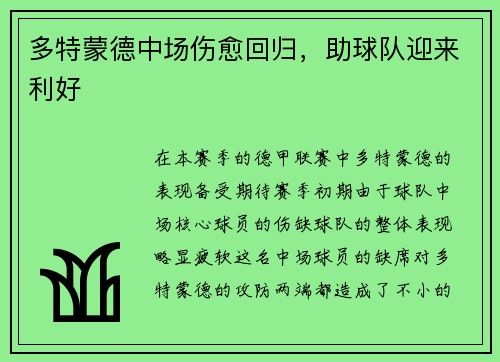 多特蒙德中场伤愈回归，助球队迎来利好